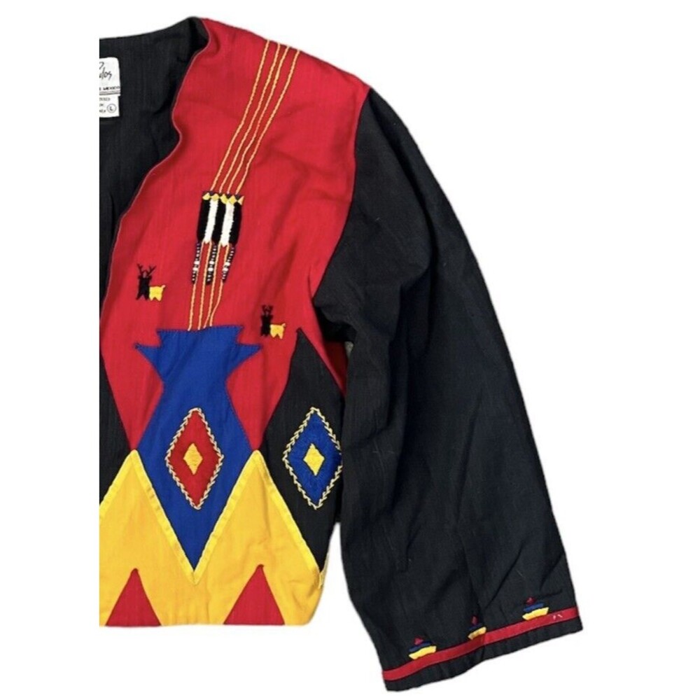 Irene Pulos Vintage Hand Embroidered Aztec Open Front Colorful Jacket Size L - Picture 4 of 6